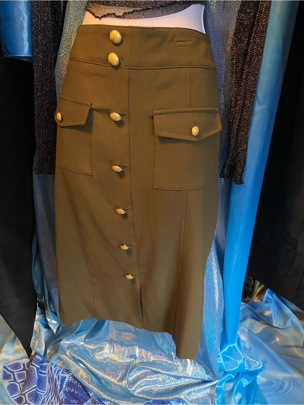 New York & Company Button-Front Olive Midi Skirt with Utility Pockets